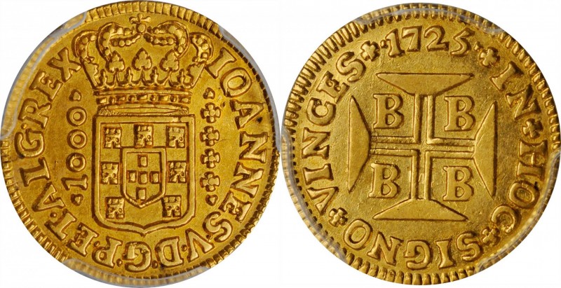 BRAZIL. 1000 Reis, 1725-B. Bahia Mint. Joao V. PCGS AU-58 Gold Shield.
Fr-32; K...