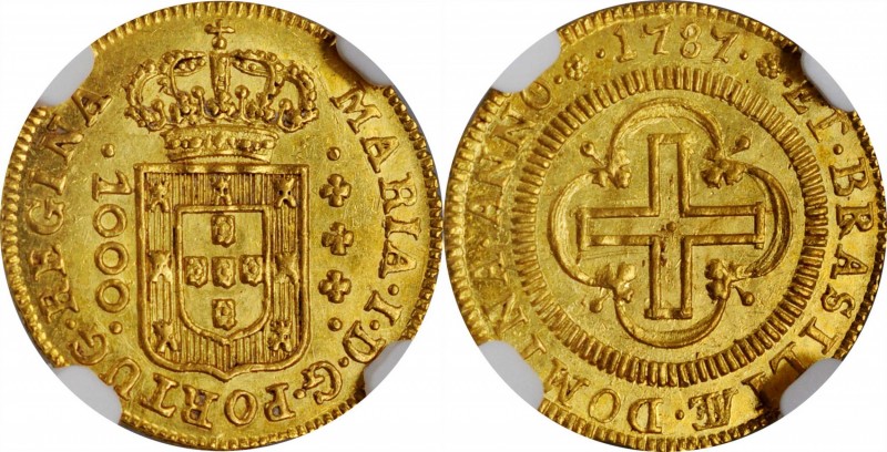 BRAZIL. 1000 Reis, 1787. Lisbon Mint. Maria I. NGC MS-63.
Fr-91; KM-223; LDMB-O...
