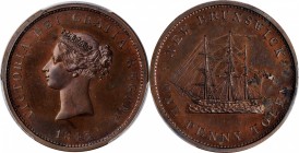 CANADA. New Brunswick. Copper Penny Token, 1843. Heaton Mint. Victoria. PCGS PROOF-63 Brown Gold Shield.
KM-2; NB-2A; BR-909. Impressively detailed t...