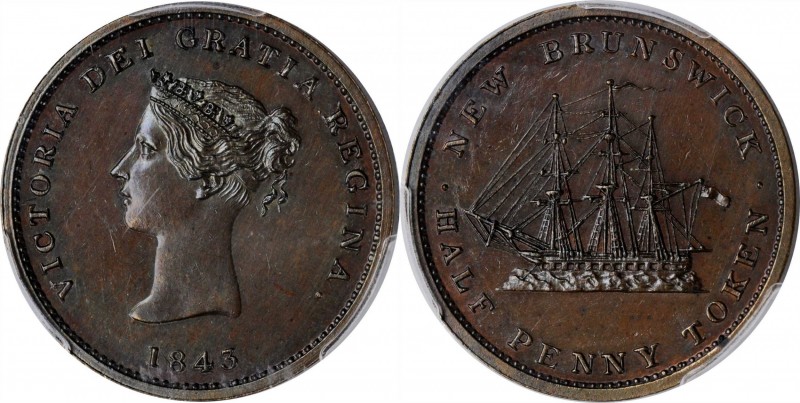 CANADA. New Brunswick. Copper 1/2 Penny Token, 1843. Victoria. PCGS PROOF-63 Bro...