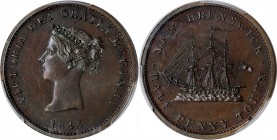 CANADA. New Brunswick. Copper 1/2 Penny Token, 1843. Victoria. PCGS PROOF-63 Brown Gold Shield.
KM-1; NB-1A1; BR-910. Far RARE R than the Penny issue...