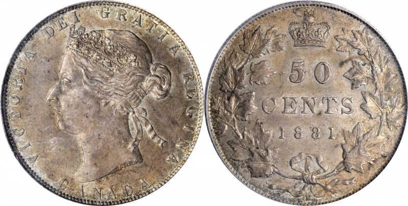 CANADA. 50 Cents, 1881-H. Heaton Mint. Victoria. PCGS AU-58.
KM-6. An attractiv...