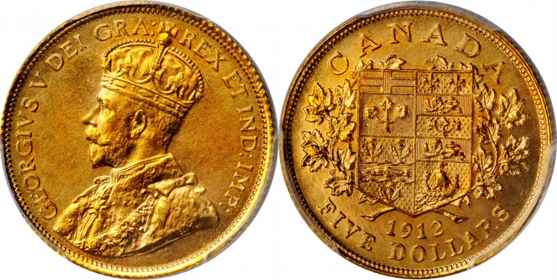 CANADA. 5 Dollars, 1912. Ottawa Mint. PCGS SPECIMEN-67 Gold Shield.
Fr-4; KM-26...