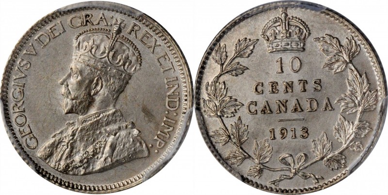 CANADA. 10 Cents, 1913. Ottawa Mint. PCGS MS-64 Gold Shield.
KM-23. Broad Leave...