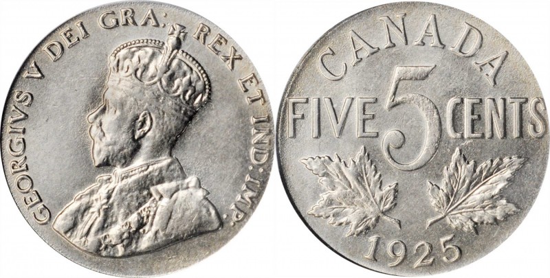 CANADA. 5 Cents, 1925. Ottawa Mint. ICG MS-64.
KM-29. Mintage: 201,921. KEY DAT...