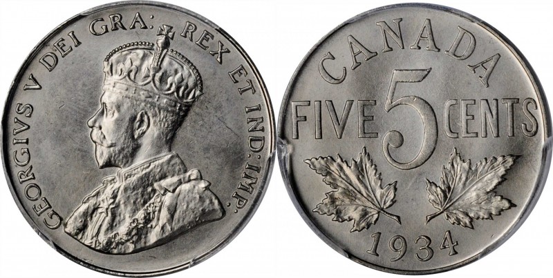 CANADA. 5 Cents, 1934. Ottawa Mint. George V. PCGS SPECIMEN-67 Gold Shield.
KM-...