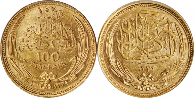 EGYPT. 100 Piastres, AH 1335 (1916). PCGS MS-62 Gold Shield.
Fr-24; KM-324. Min...