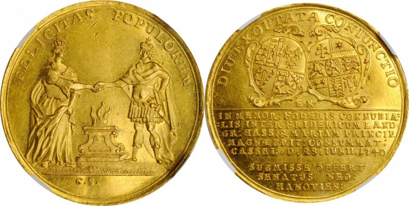 GERMANY. Hesse-Cassel. Gold Medallic 6 Ducats, 1740. Frederick II with Mary. NGC...