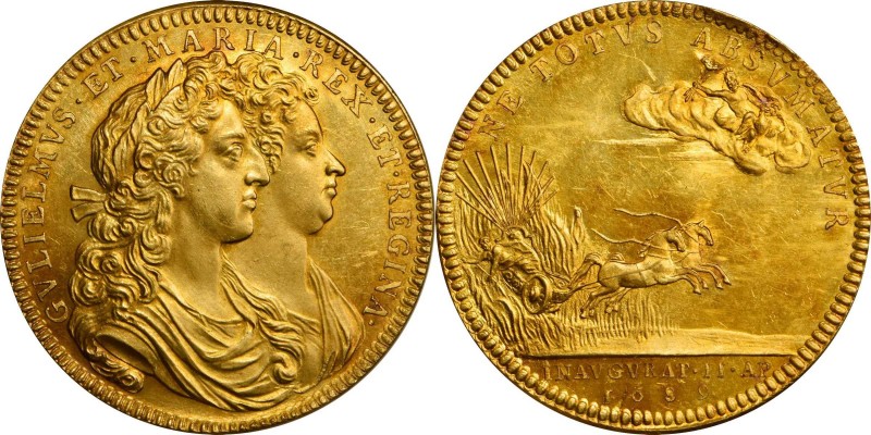 GREAT BRITAIN. William & Mary Coronation Gold Medal, 1689. PCGS MS-62 Gold Shiel...