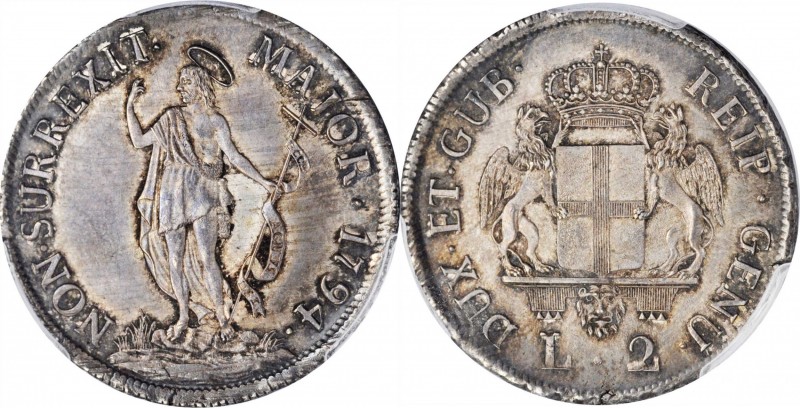 ITALY. Genoa. 2 Lire, 1794. The Biennial Doges. PCGS MS-64 Gold Shield.
KM-244....