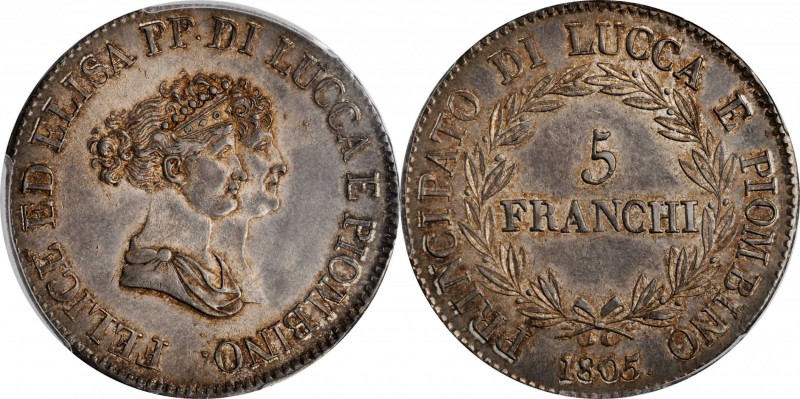 ITALY. Lucca & Piombino. 5 Franchi, 1805. Florence Mint. Elisa Bonaparte with Fe...