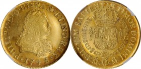 MEXICO. 8 Escudos, 1743-Mo MF. Mexico City Mint. Philip V. NGC MS-60.
Fr-8; KM-148. A great example from late in the reign of Philip, this lustrous M...