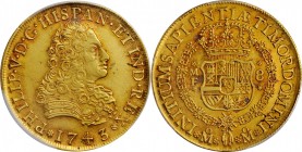 MEXICO. 8 Escudos, 1743-Mo MF. Mexico City Mint. Philip V. PCGS AU-55 Gold Shield.
Fr-8; KM-148. A stunning and seldom seen example for the type, thi...