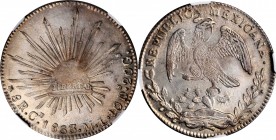 MEXICO. 8 Reales, 1863-Ce ML. Real de Catorce Mint. NGC AU-58.
KM-377.1; DP-Ce01. A fully original looking and lustrous survivor of this ever popular...