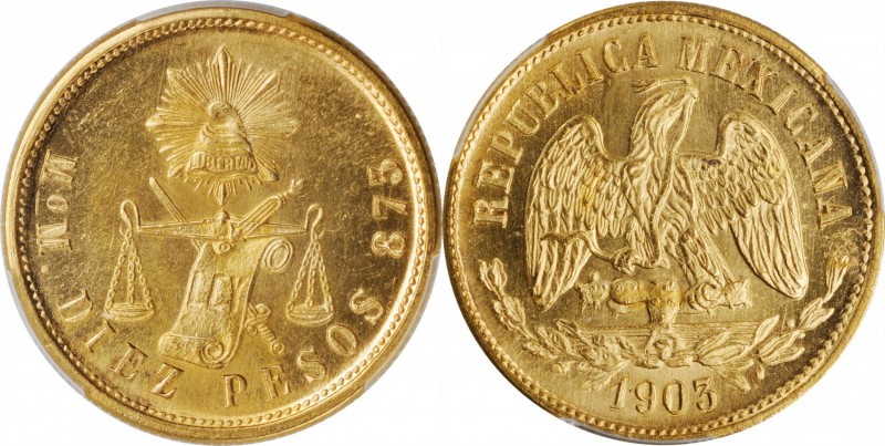 MEXICO. 10 Pesos, 1903-Mo M. Mexico City Mint. PCGS MS-64 Prooflike Gold Shield....