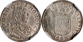 MONACO. 5 Sols (1/12 Ecu), 1663. Louis I. NGC MS-61.
KM-36; Gad-50. Presenting quality that is seldom seen, this lustrous Mint State specimen is most...