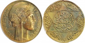 MOROCCO. 5 Dirham Pattern Essai, AH 1349 (1930). PCGS SPECIMEN-64 Gold Shield.
12.27 gms. Lec-185. A VERY RARE issue showcasing a complementary combi...