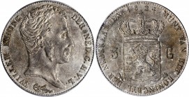 NETHERLANDS. 3 Gulden, 1824. Utrecht Mint. William I. PCGS AU-55 Gold Shield.
KM-49; Sch-246; Dav-233. SCARCE variety with a dash between crown and s...
