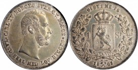 NORWAY. Specie Daler, 1861. Carl XV. PCGS AU-50.
KM-323; Sieg-13; ABH-1B. Double Die Obverse. Variety without die-sinkers initials. An attractive hig...