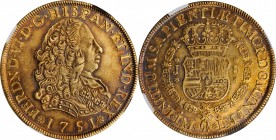 PERU. 8 Escudos, 1751-LM J. Lima Mint. Ferdinand VI. NGC AU-53.
Fr-16; KM-50. A pleasing and enticing example, this gently handled specimen retains a...