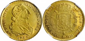 PERU. 8 Escudos, 1766-LM JM. Lima Mint. Charles III. NGC AU-55.
Fr-28; KM-70. "Rat Nose" type. A sharply struck example of this popular type that sho...