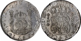 PERU. 8 Reales, 1769-LM JM. Lima Mint. Charles III. NGC MS-64.
KM-A64.1, Cal type 100 #1029, L8-69a. Crowns Alike / Dots over Both Mintmarks variety....