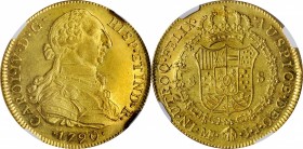 PERU. 8 Escudos, 1790-LM IJ. Lima Mint. Charles IV. NGC MS-61.
Fr-36; KM-92. Two year transitional bust type in the name of "CAROL‧IV‧" with the bust...