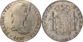 PERU. 8 Reales, 1823-L JP. Lima Mint. Ferdinand VII. PCGS VF-30 Gold Shield.
KM-117.3; FC-85b; Grunthal-Sellscopp-287d. VERY RARE found struck over a...