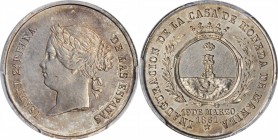 PHILIPPINES. Medallic Proclamation 2 Reales, 1861. Isabella II. PCGS Genuine--Cleaned, AU Details Gold Shield.
Basso-96; Honeycutt-16. Struck to comm...