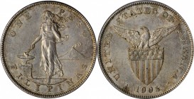 PHILIPPINES. Peso, 1905-S. San Francisco Mint. PCGS AU-58 Gold Shield.
KM-168; Allen-16.06a. Straight Serif on "1" Variety. An attractive SCARCE vari...