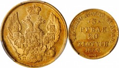 POLAND. 20 Zlotych (3 Rubles), 1837-CNB NA. St. Petersburg Mint. Nicholas I of Russia. PCGS AU-53 Gold Shield.
Fr-111; KM-C-136.2; Bit-1078. Sporting...