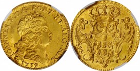 PORTUGAL. 1/2 Peca (3200 Reis or 2 Escudos), 1739. Lisbon Mint. Joao V. NGC AU-58.
Fr-88; KM-220.9; Gomes-122.13. A tough to locate denomination is a...