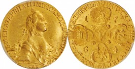 RUSSIA. 10 Rubles, 1764-CNB. St. Petersburg Mint. Catherine II. PCGS Genuine--Cleaned, AU Details Gold Shield.
Fr-129; KM-C-79.2a; Bit-9; Dia-46. A n...