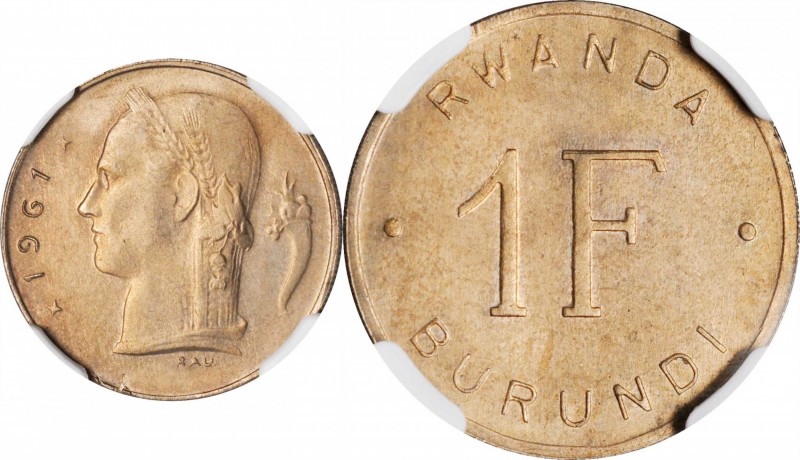 RWANDA-BURUNDI. Mule Franc, 1961. Brussels Mint. NGC MS-65.
KM-2. Mintage: 50. ...