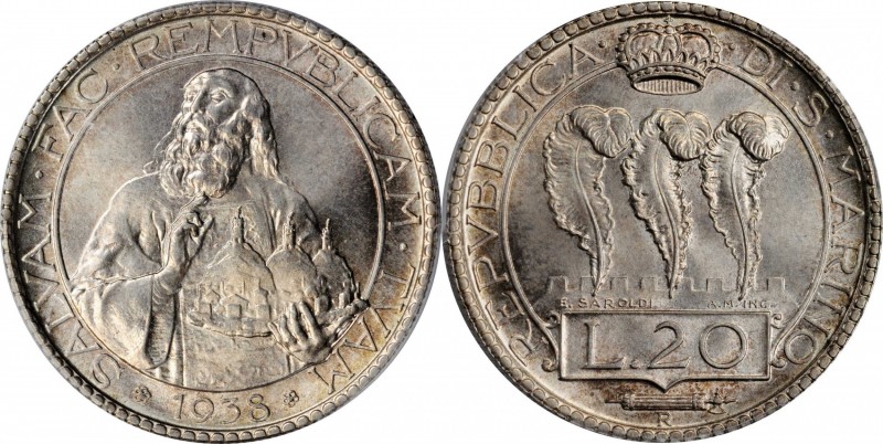 SAN MARINO. 20 Lire, 1938-R. Rome Mint. PCGS MS-66 Gold Shield.
KM-11a. Mintage...