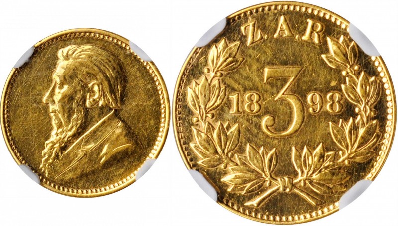 SOUTH AFRICA. Gold Off-Metal Presentation 3 Pence (Tickey), 1898. Pretoria Mint....