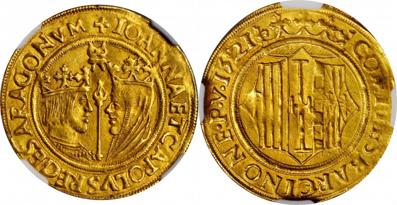 SPAIN. Catalonia. 2 Principats, 1521. Barcelona Mint. Charles & Joanna. NGC EF-4...