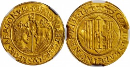 SPAIN. Catalonia. 2 Principats, 1521. Barcelona Mint. Charles & Joanna. NGC EF-45.
Fr-35; Cayon-3153; Cal-Type 6 #6 (plate coin). Legend variety "ARA...