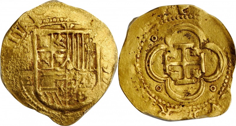 SPAIN. 4 Escudos, 1597-S B. Seville Mint. Philip II. PCGS AU-53 Gold Shield.
Fr...
