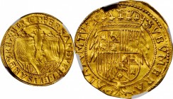 SPAIN. Catalonia. Trentin, ND (1598-1621). Barcelona Mint. Philip III. NGC AU-50.
Fr-39a; KM-A7. Weight: 7.12 gms. Imitating a 2 Excelentes of Ferdin...