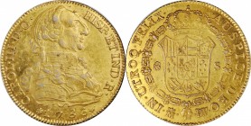 SPAIN. Contemporary Counterfeit 8 Escudos, 1786-DV. Madrid Mint. Charles III. EXTREMELY FINE.
cf. Fr-282 (for prototype); cf. KM-409.1a (same). A gre...
