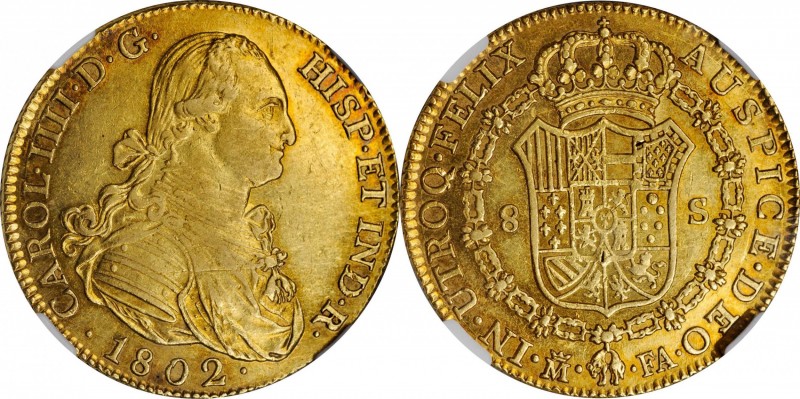SPAIN. 8 Escudos, 1802-M FA. Madrid Mint. Charles IV. NGC AU-55.
Fr-292; KM-437...