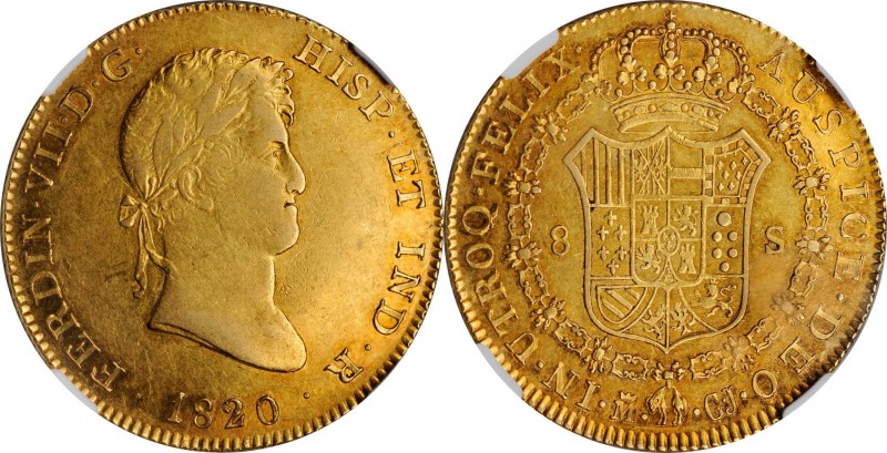 SPAIN. 8 Escudos, 1820-M GJ. Madrid Mint. Ferdinand VII. NGC AU-55.
Fr-311; KM-...