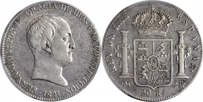 SPAIN. 20 Reales, 1821-M SR. Madrid Mint. Ferdinand VII. PCGS AU-55 Gold Shield....