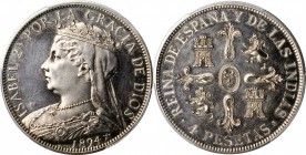 SPAIN. Silver Fantasy 4 Pesetas, 1894. Isabel II. PCGS PROOF-62 Cameo Gold Shield.
KMX-7. Mintage: 100. An attractive piece in fine style and though ...