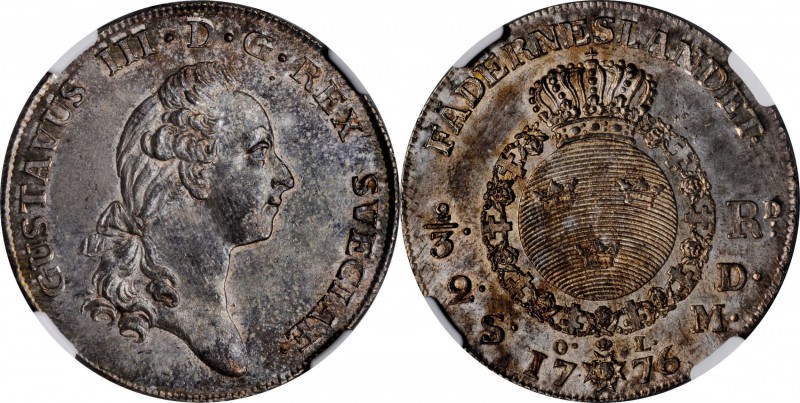 SWEDEN. 2/3 Riksdaler, 1776-OL. Stockholm Mint. Gustaf III. NGC MS-64+.
KM-517;...