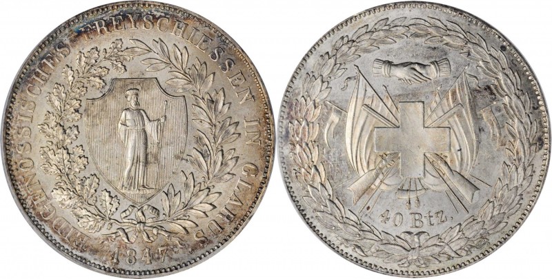 SWITZERLAND. Glarus. 40 Batzen, 1847. PCGS MS-63+ Gold Shield.
Dav-373; KM-20; ...