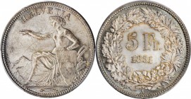 SWITZERLAND. 5 Francs, 1851-A. Paris Mint. PCGS MS-65 Gold Shield.
KM-11. Second year of issue from this popular series. A sharply struck example wit...