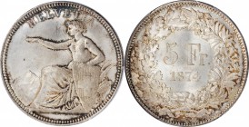 SWITZERLAND. 5 Francs, 1874-B. Bern Mint. PCGS MS-65+ Gold Shield.
KM-11; Divo 46; HMZ 2-1197. Variety without dot after "B". A lovely Gem example wi...