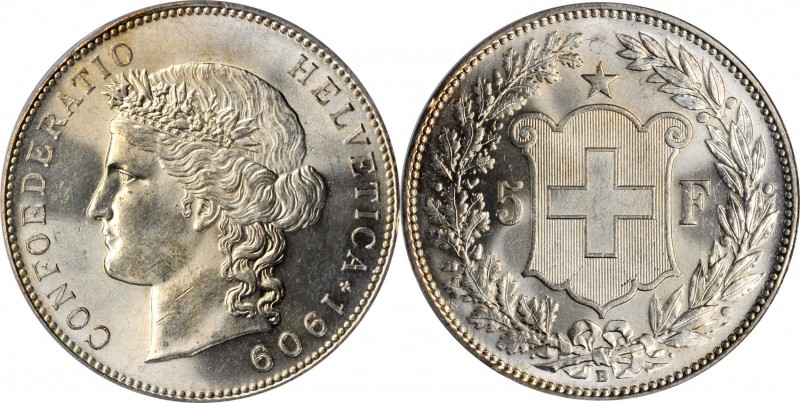 SWITZERLAND. 5 Francs, 1909-B. Bern Mint. PCGS MS-64.
KM-34. A somewhat better ...
